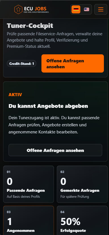 Echter Screenshot des ECU Jobs Anbieter-Cockpits