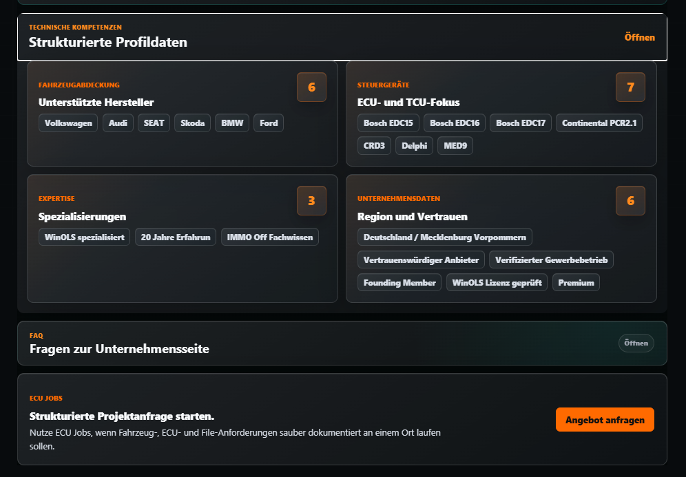 Echter Screenshot strukturierter Profildaten auf der Business Page