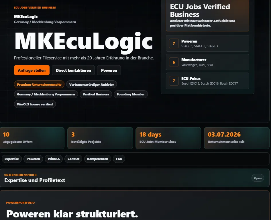 Echter Screenshot einer öffentlichen ECU Jobs Business Page