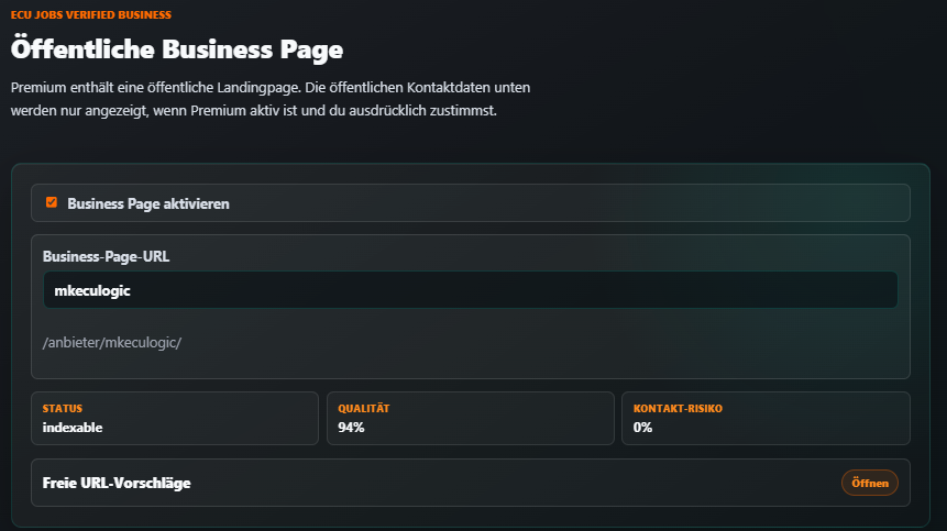 Echter Screenshot der Business-Page-Einstellungen im Anbieterbereich