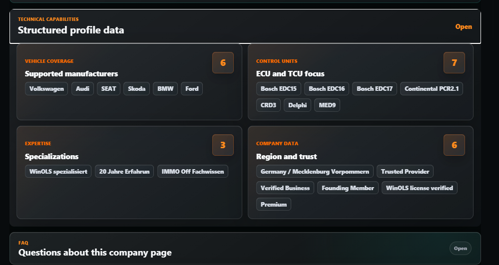 Real screenshot of structured profile data on the Business Page