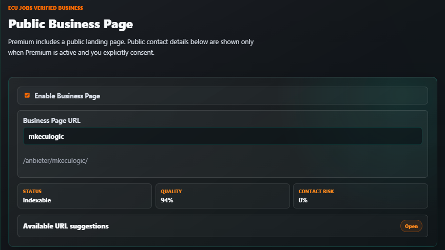 Real screenshot of Business Page settings in the provider area