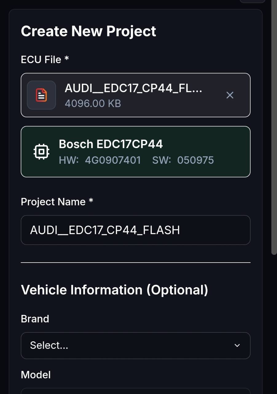 Neue ECU-Datei hochladen und Projekt anlegen