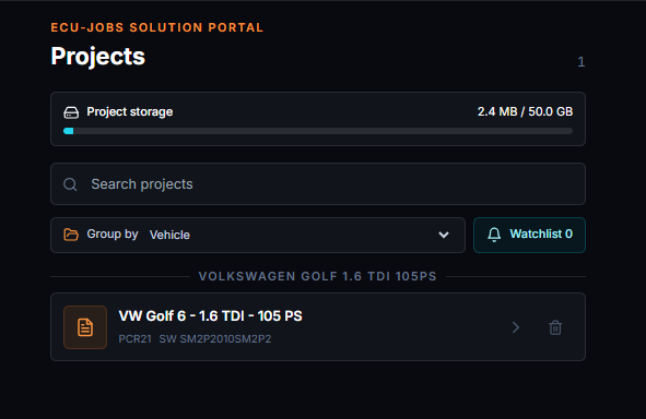 Projektübersicht im ECU-Jobs Solution Portal