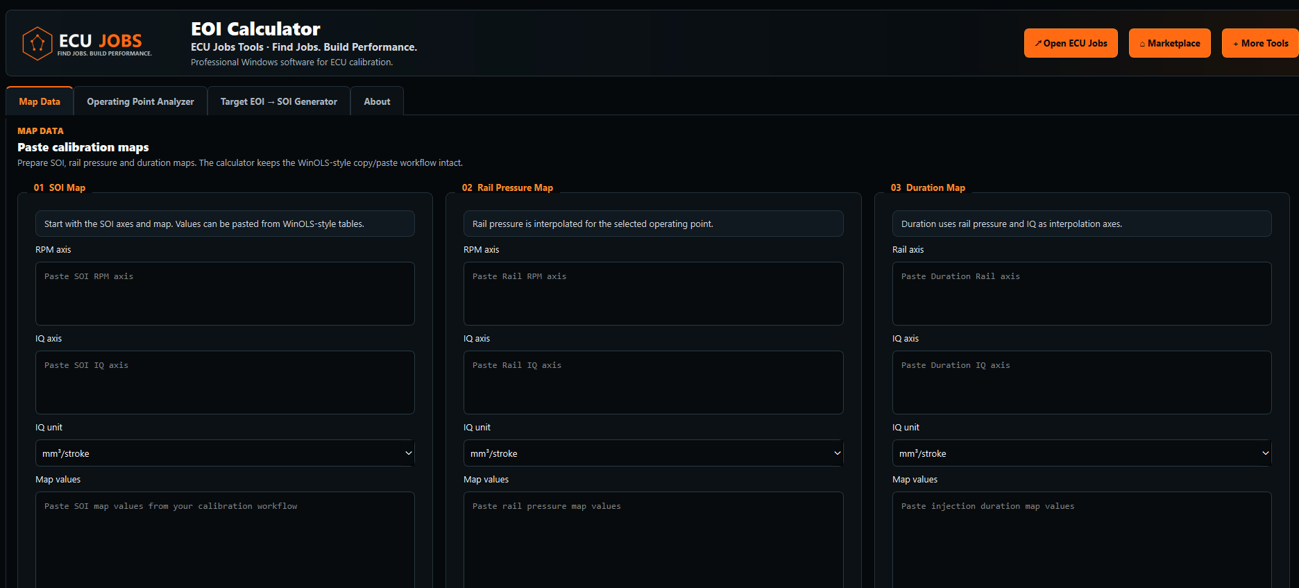Screenshot of the ECU-Jobs EOI Calculator with Map Data, Operating Point Analyzer and Target EOI to SOI Generator